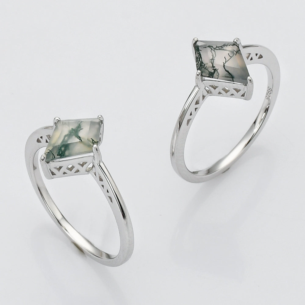 925 Sterling Silver Diamond Natural Moss Agate Ring, Gemstone Jewelry SS270-2