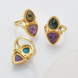 Unique Triangle Amethyst & Teardrop Gemstone Ring, Gold Plated, Faceted Stone Ring, Adjustable, Crystal Jewelry WX2231