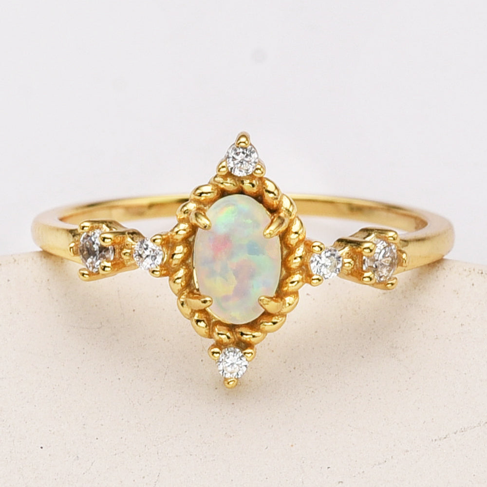 925 Sterling Silver Oval White Opal Ring in Gold Plated, Zircon Ring, Fashion Jewelry For Her SS287-3