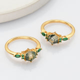 Gold Plated 925 Sterling Silver Green CZ Hexagon Moss Agate Ring SS275
