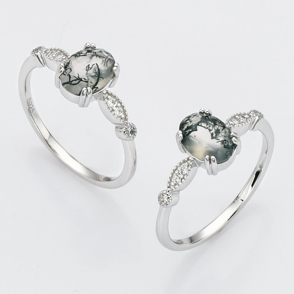 925 Sterling Silver Oval Natural Moss Agate Ring, Faceted Gemstone Jewelry SS271-2