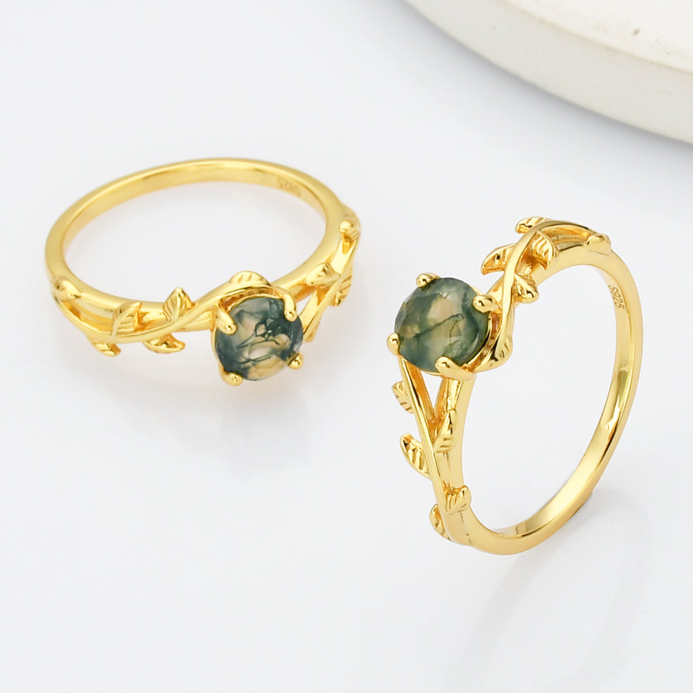 Gold Sterling Silver Round Natural Moss Agate Statement Ring, Gold Leaf Ring SS268-1