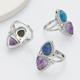 Unique Triangle Amethyst & Teardrop Gemstone Ring, Silver Plated, Faceted Stone Ring, Adjustable, Crystal Jewelry WX2234