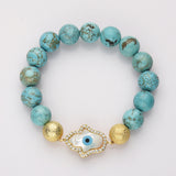Gold Evil Eye Hamsa Palm White Shell Stretch Bracelet, CZ Micro Pave, 10mm Blue Howlite Turquoise Beads, Boho Jewelry AL730