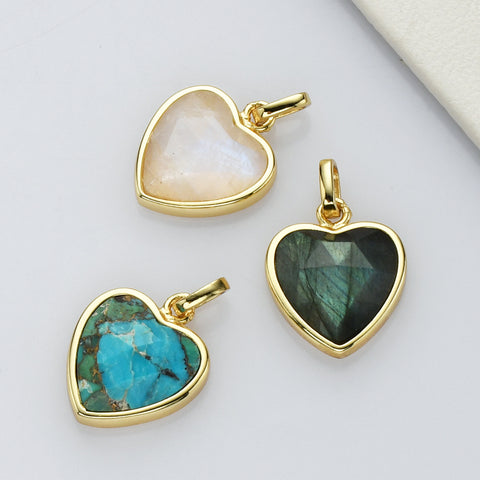 Gold Faceted Gemstone Heart Charms & Pendants, Moonstone Labradorite Copper Turquoise Jewelry Pendant ZG0506