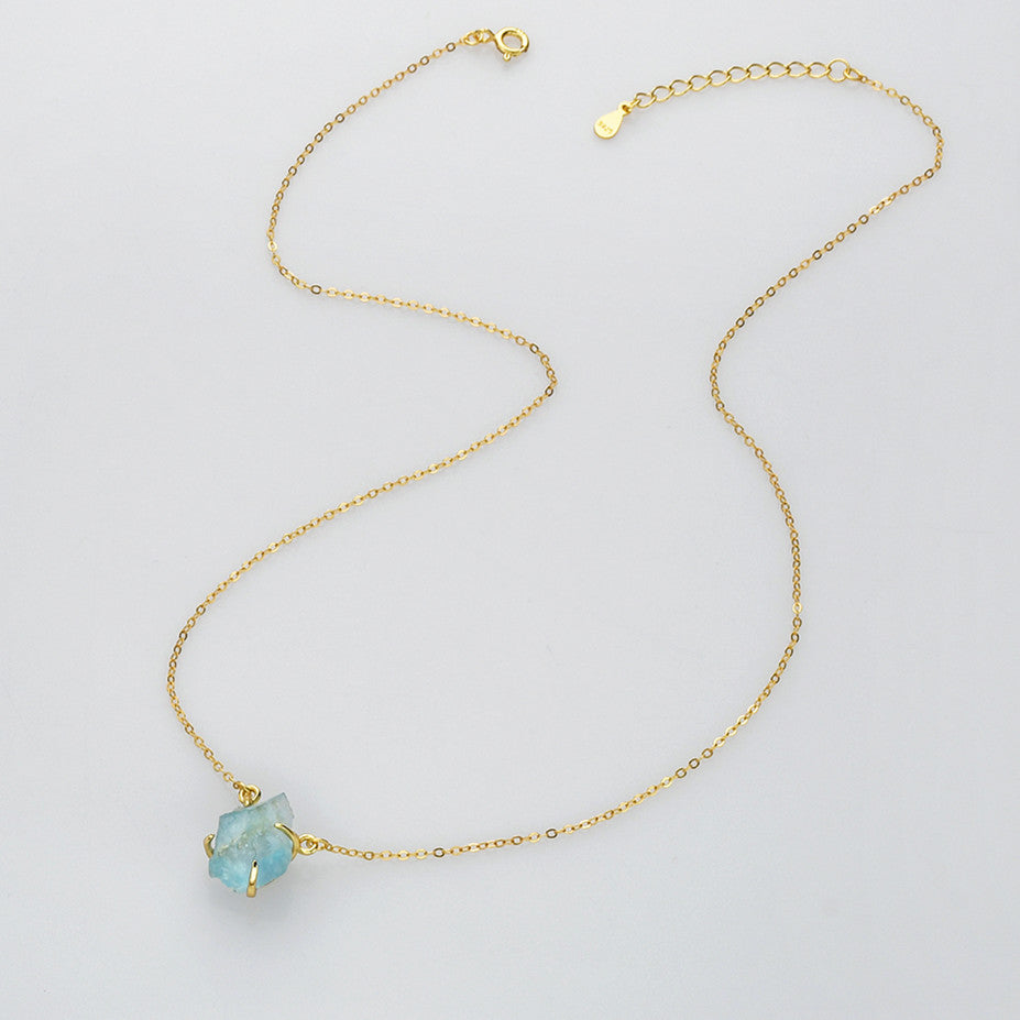 raw aquamarine necklace, 15.5" Gold Claw Raw Gemstone Necklace, S925 Sterling Silver Chain, Birthstone Necklace, Healing Crystal Stone Jewelry SS258