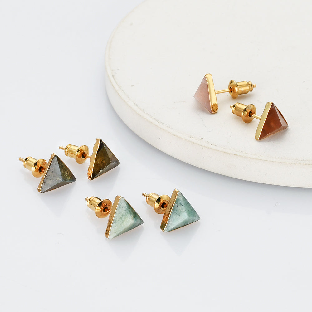 Gold Triangle Gemstone Faceted Stud Earrings, Healing Crystal Earring, Boho Jewelry G1300 birthstone jewelry