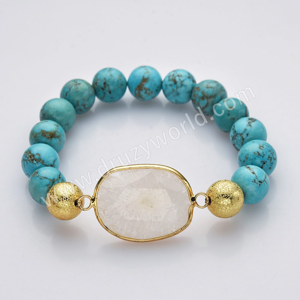 Gold Plated White Solar Quartz Bracelet, 10mm Blue Howlite Turquoise Beads, Handmade Boho Jewelry AL750