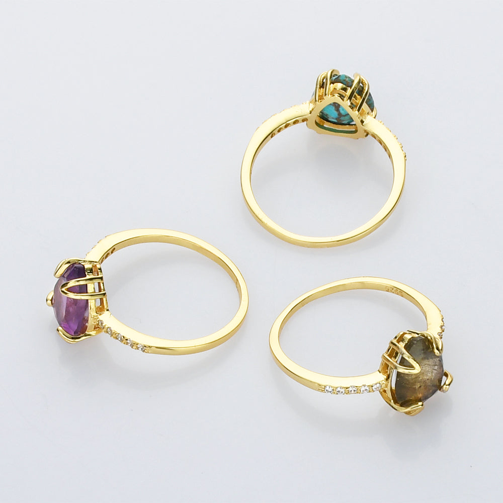 Teardrop Gold Multi Gemstone CZ Ring, Faceted Birthstone Ring, Healing Crystal Stone Ring, Simple Fashion Jewelry For Women SS257