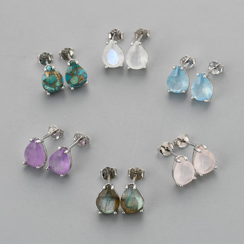 S925 Sterling Silver Claw Pear Cut Amethyst Faceted Stud Earrings, Gemstone Crystal Post Earring, Birthstone Jewelry SS328ES