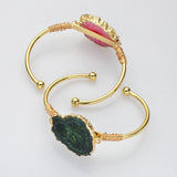 Gold Multi Gemstone Bracelet, Solar Quartz, Agate Druzy Slice Bangle Cuff, Handmade Boho Jewlery WX2237