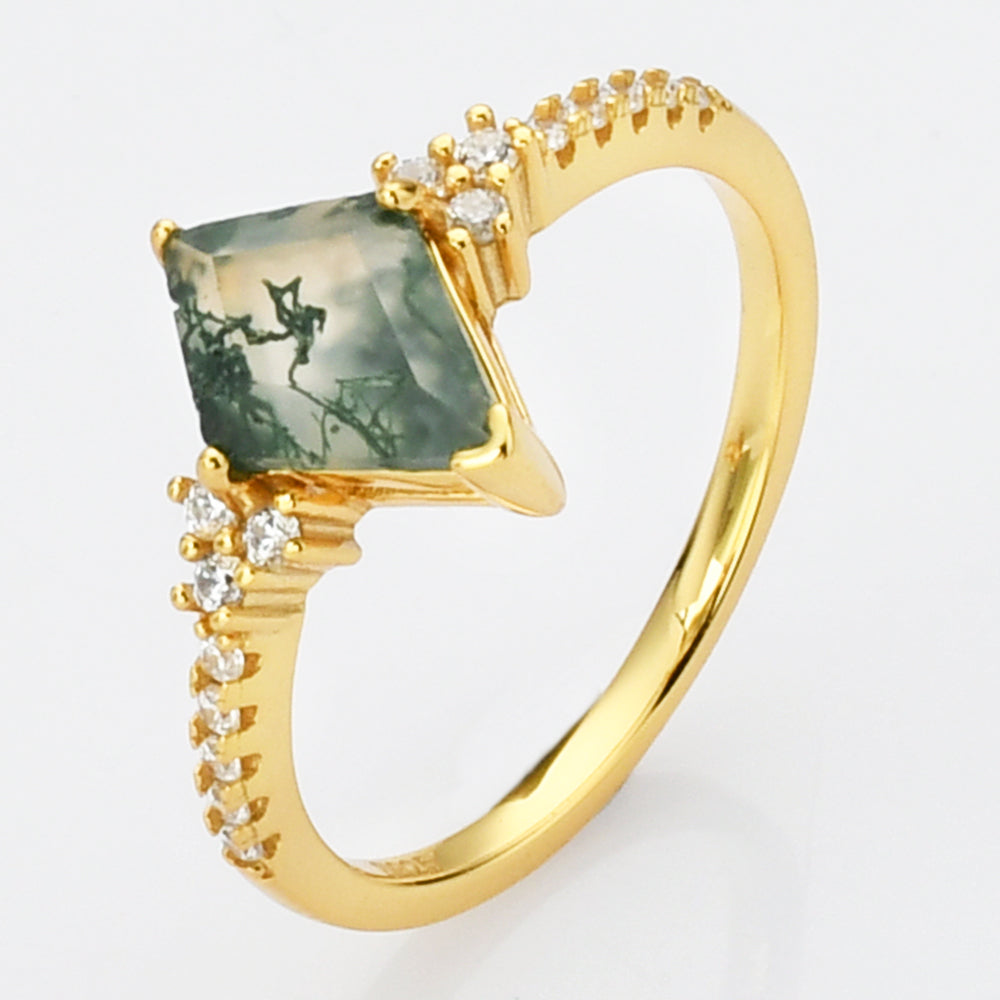 Gold Sterling Silver Diamond Natural Moss Agate Statement Ring, CZ Micro Pave Ring SS269-1