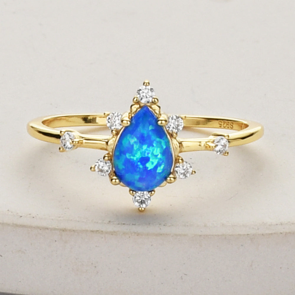 CZ Blue Opal Ring, Gold S925 Sterling Silver Claw Opal Ring, CZ Micro Pave, Teardrop Fire Opal Jewelry SS264, Gift for women, 