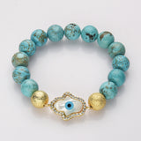 Gold Evil Eye Hamsa Palm White Shell Stretch Bracelet, CZ Micro Pave, 10mm Blue Howlite Turquoise Beads, Boho Jewelry AL730