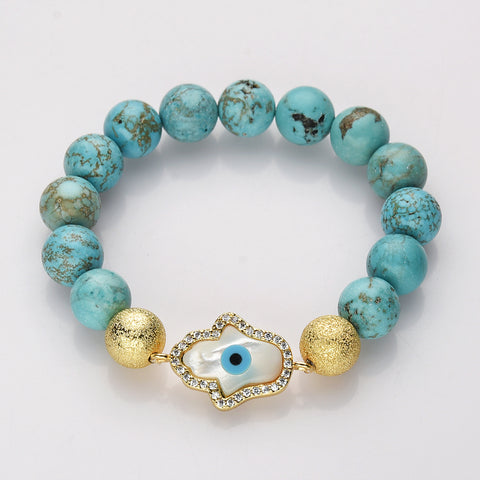 Gold Evil Eye Hamsa Palm White Shell Stretch Bracelet, CZ Micro Pave, 10mm Blue Howlite Turquoise Beads, Boho Jewelry AL730