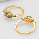 Gold Plated 925 Sterling Silver Green CZ Hexagon Moss Agate Ring SS275