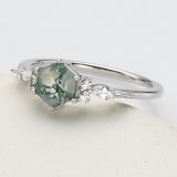 925 Sterling Silver White CZ Hexagon Moss Agate Faceted Ring SS277