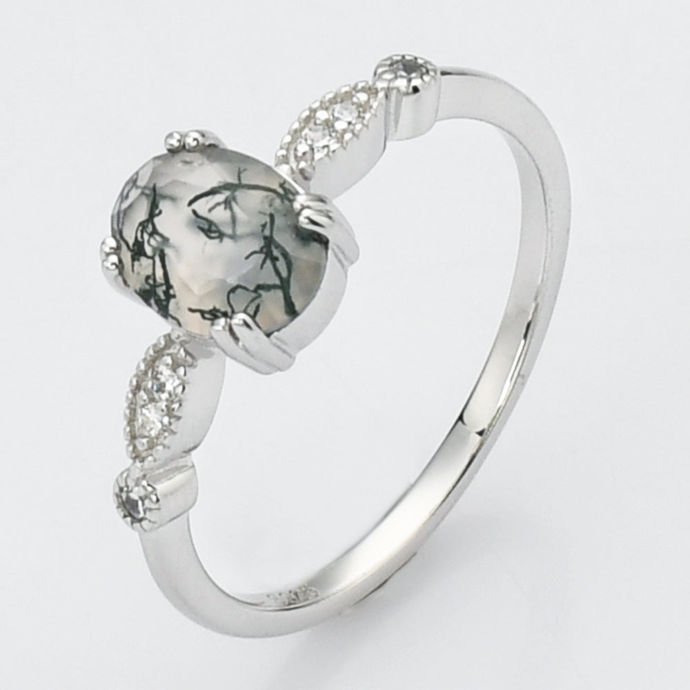 925 Sterling Silver Oval Natural Moss Agate Ring, Faceted Gemstone Jewelry SS271-2