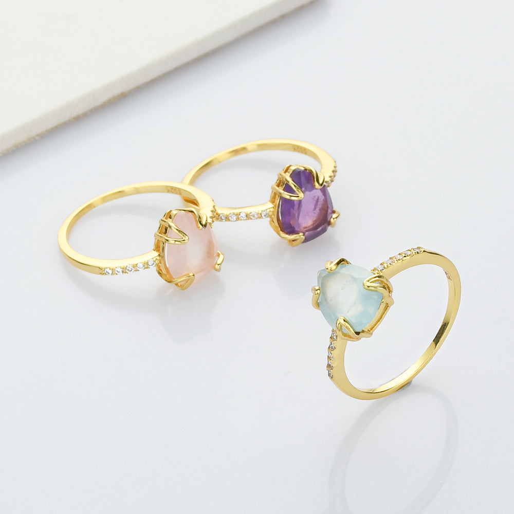 Teardrop Gold Multi Gemstone CZ Ring, Faceted Birthstone Ring, Healing Crystal Stone Ring, Simple Fashion Jewelry For Women SS257