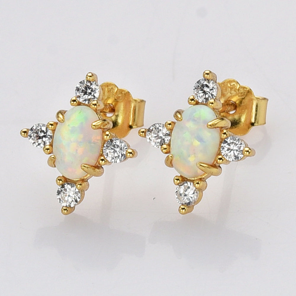 Gold Plated White Opal Stud Earrings, 925 Sterling Silver, CZ Pave, Gemstone Earrings Jewelry SS289-3