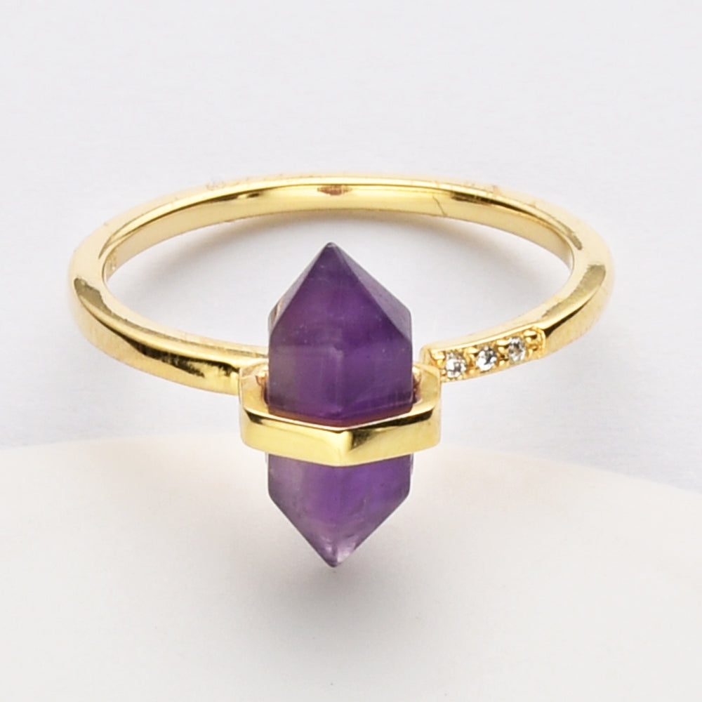 Gold Plated Hexagon Point Turquoise Garnet Aquamarine Gemstone Faceted CZ Micro Pave Adjustable Ring Jewelry ZG0490
