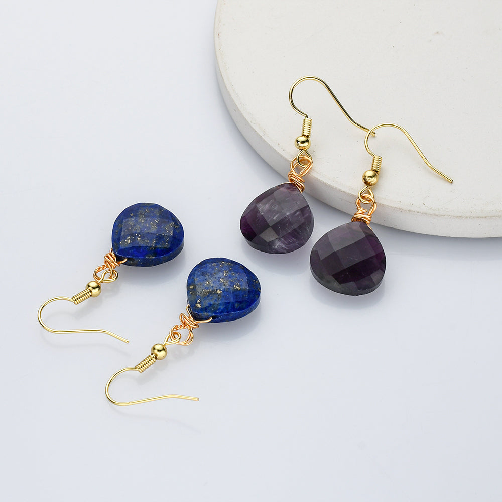 Teardrop Gold Multi Gemstone Earrings, Faceted Healing Crystal Stone Earring, Simple Fashion Jewelry WX2236