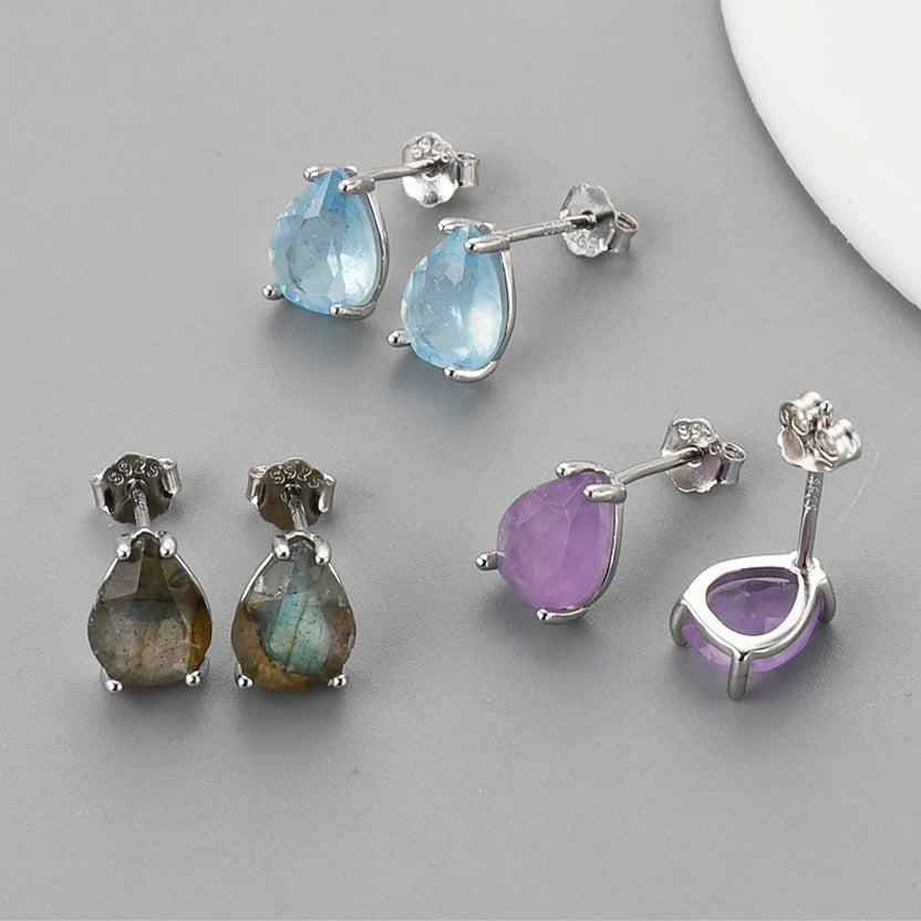 S925 Sterling Silver Claw Teardrop Amethyst Stud Earrings, Faceted Gemstone Crystal Post Earring, Birthstone Jewelry SS247-2