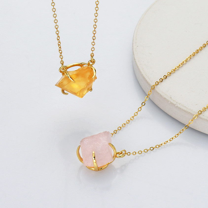 raw citrine necklace, raw rose quartz necklace, 15.5" Gold Claw Raw Gemstone Necklace, S925 Sterling Silver Chain, Birthstone Necklace, Healing Crystal Stone Jewelry SS258