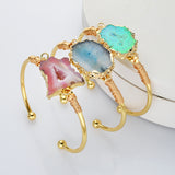 Gold Multi Gemstone Bracelet, Solar Quartz, Agate Druzy Slice Bangle Cuff, Handmade Boho Jewlery WX2237