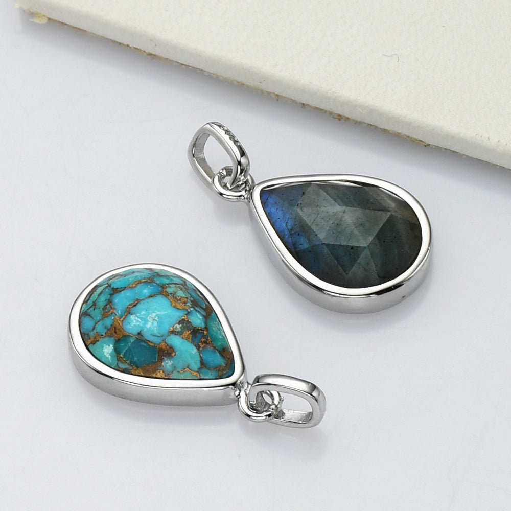 Teardrop Silver Plated Gemstone Pendant, Pear Faceted Crystal Stone Charm, Making Jewelry Craft ZS0508