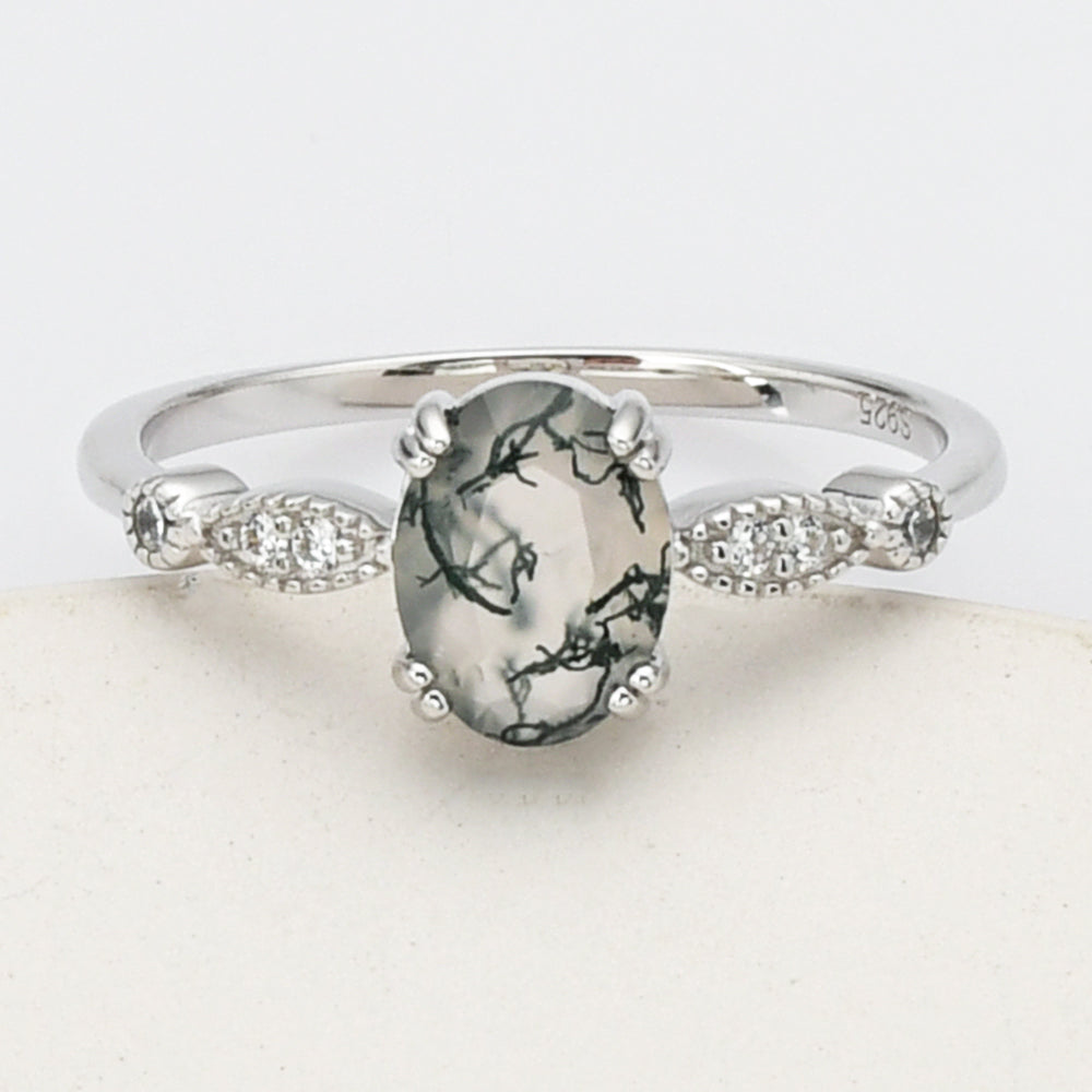 925 Sterling Silver Oval Natural Moss Agate Ring, Faceted Gemstone Jewelry SS271-2
