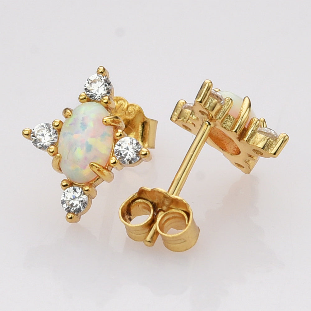 Gold Plated White Opal Stud Earrings, 925 Sterling Silver, CZ Pave, Gemstone Earrings Jewelry SS289-3