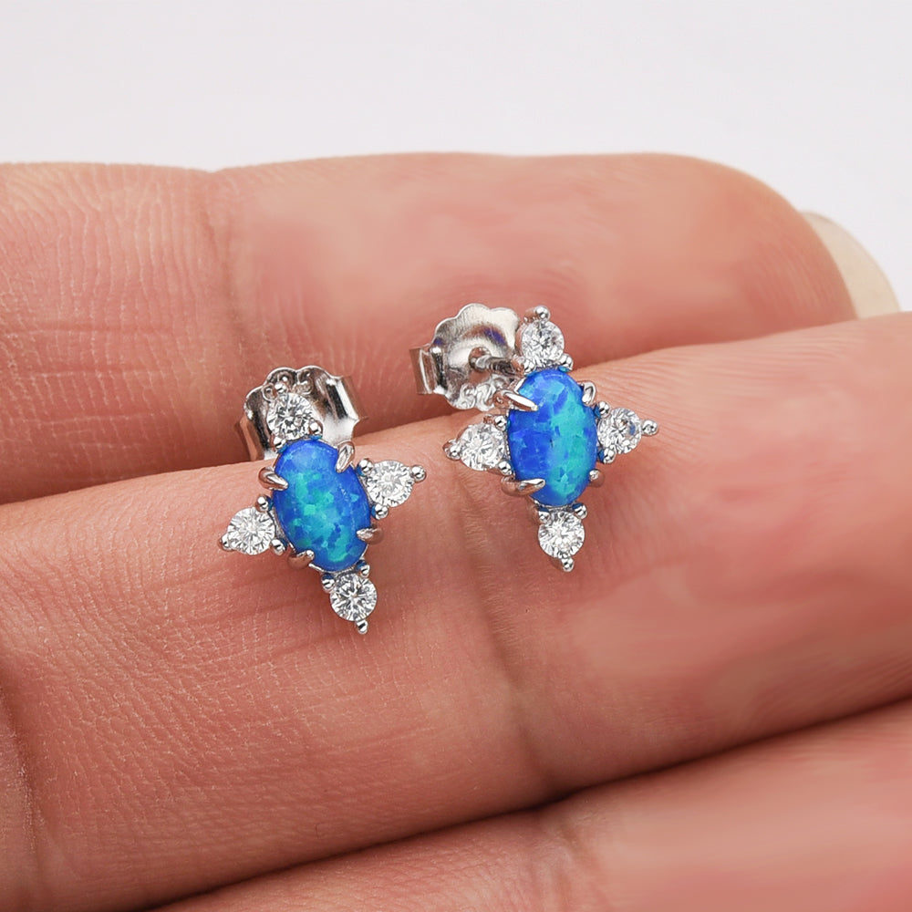 925 Sterling Silver Oval Blue Opal Stud Earrings, CZ Pave, Fashion Gemstone Earrings Jewelry SS290-2