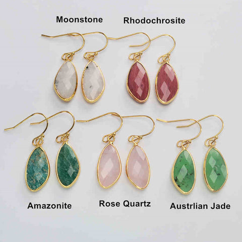 Gold Plated Drop Moonstone Rose Quartz Amazonite Faceted Dangle Earrings G2059
