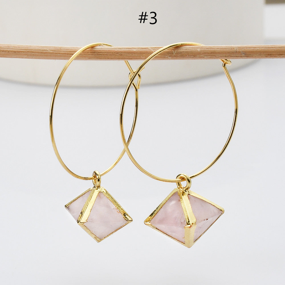 pyramid rose quartz hoop earrings