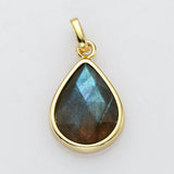 Gold Plated Teardrop Gemstone Pendant, Faceted Pear Crystal Stone Charm, Making Jewelry Craft ZG0508