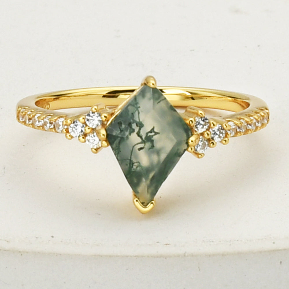 Gold Sterling Silver Diamond Natural Moss Agate Statement Ring, CZ Micro Pave Ring SS269-1