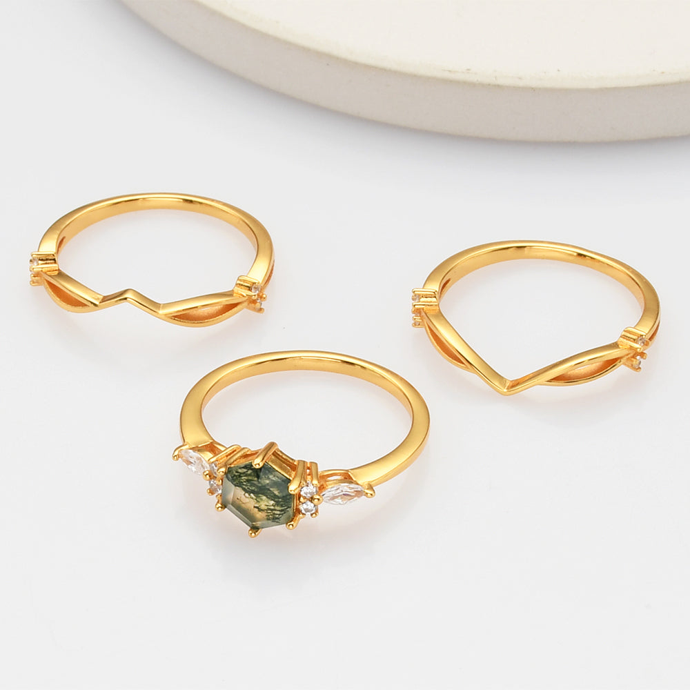 Gold White CZ Hexagon Natural Moss Agate Faceted Three-Piece Ring Set, Sterling Silver Ring Jewelry SS276-2