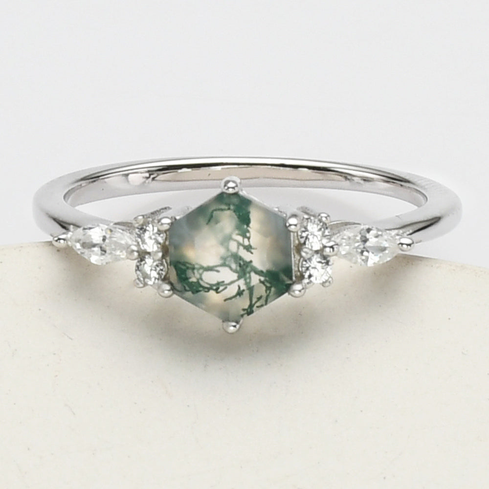 925 Sterling Silver White CZ Hexagon Moss Agate Faceted Ring SS277