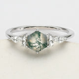 925 Sterling Silver White CZ Hexagon Moss Agate Faceted Ring SS277