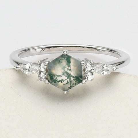 925 Sterling Silver White CZ Hexagon Moss Agate Faceted Ring SS277
