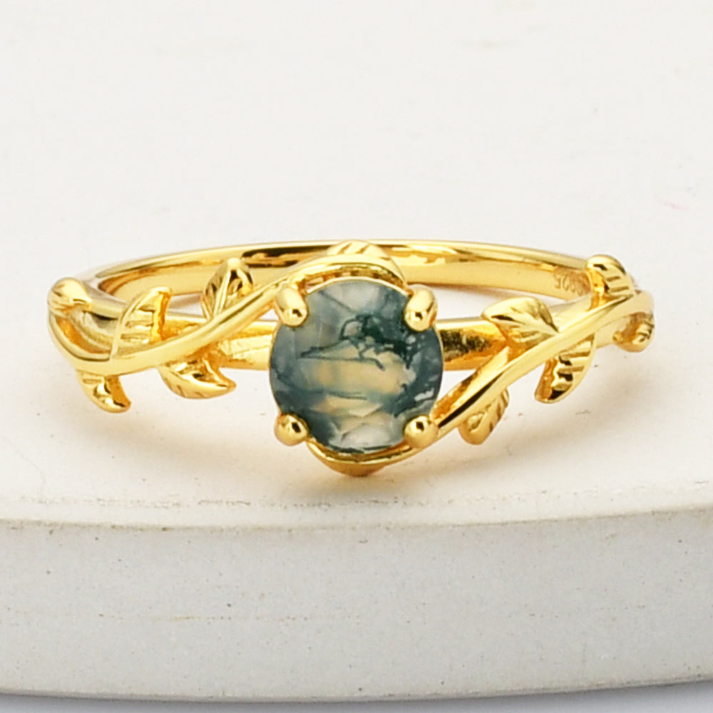 Gold Sterling Silver Round Natural Moss Agate Statement Ring, Gold Leaf Ring SS268-1
