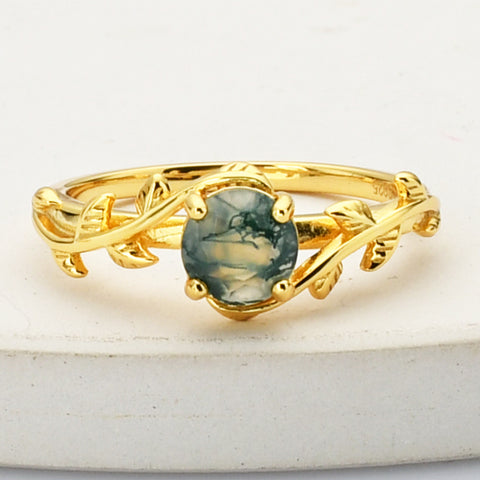 925 Sterling Silver Gold Round Natural Moss Agate Zircon Leaf Ring SS268-1