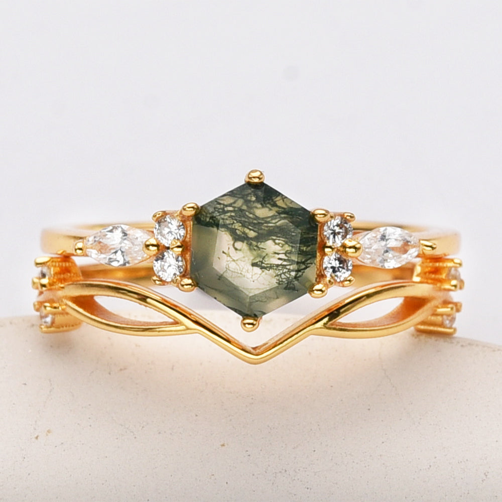 Gold White CZ Hexagon Natural Moss Agate Faceted Three-Piece Ring Set, Sterling Silver Ring Jewelry SS276-2
