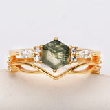 2pcs Set of Gold Plated 925 Sterling Silver White CZ Hexagon Moss Agate Faceted Ring SS276-2