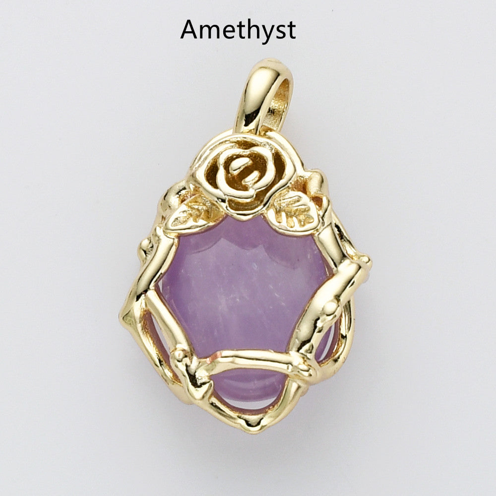 Unique Gold Plated Rose Flower Oval Gemtone Pendant, Polished Egg Stone Pendant, Healing Crystal Jewelry WX2227