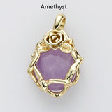 Unique Gold Plated Rose Flower Oval Gemtone Pendant, Polished Egg Stone Pendant, Healing Crystal Jewelry WX2227
