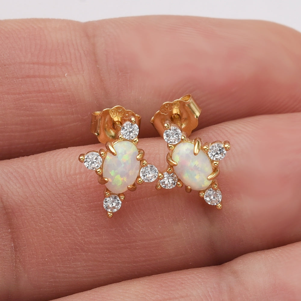 Gold Plated White Opal Stud Earrings, 925 Sterling Silver, CZ Pave, Gemstone Earrings Jewelry SS289-3