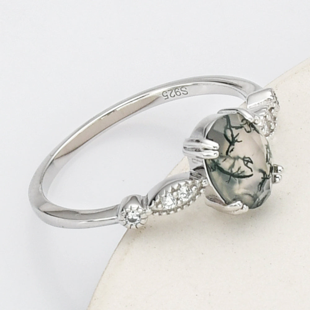 925 Sterling Silver Oval Natural Moss Agate Ring, Faceted Gemstone Jewelry SS271-2