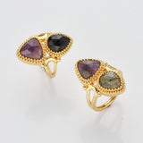 Unique Triangle Amethyst & Teardrop Gemstone Ring, Gold Plated, Faceted Stone Ring, Adjustable, Crystal Jewelry WX2231